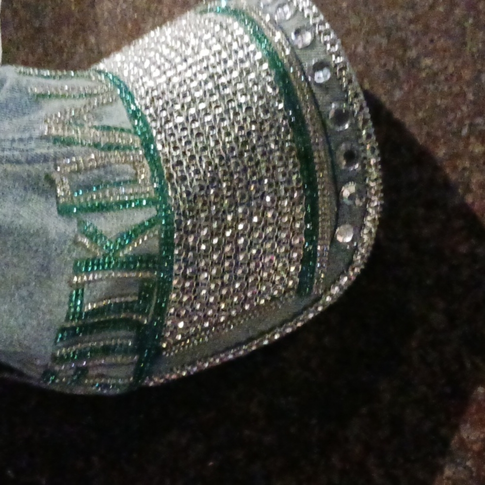 "FUCK DALLAS"  JEAN GREEN AND SILVER RHINESTONE HAT